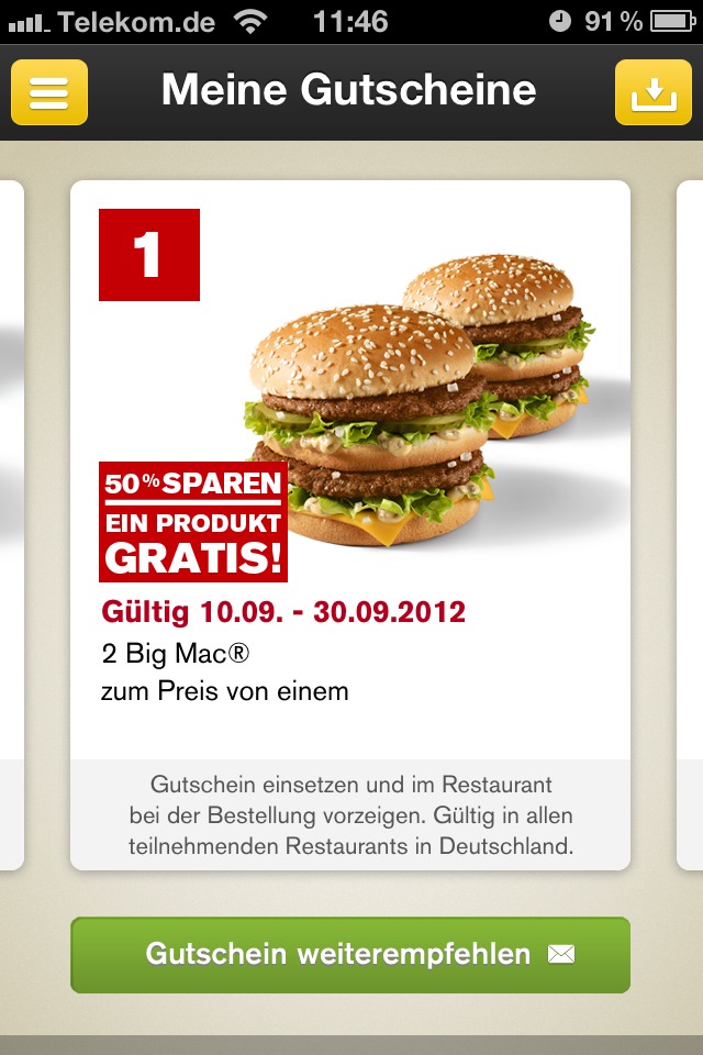Gutscheine in der aktuellen McDonalds App