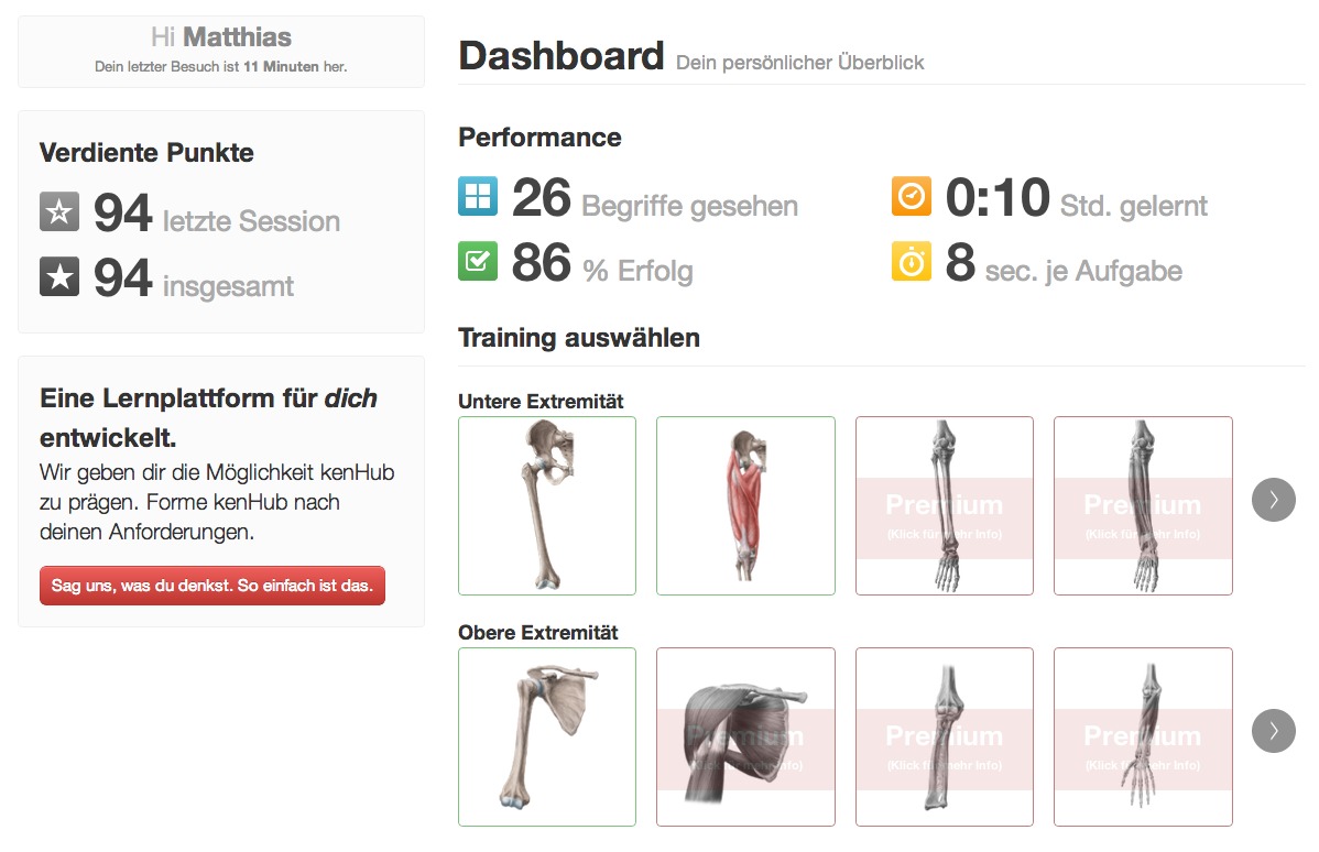 Das Dashboard von kenHub mit dem Überblick über den persönlichen Fortschritt